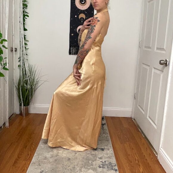 Y2K Vintage Rhinestone Satin Halter Prom Maxi Dress Sleeveless Size M Gold - Picture 9 of 14